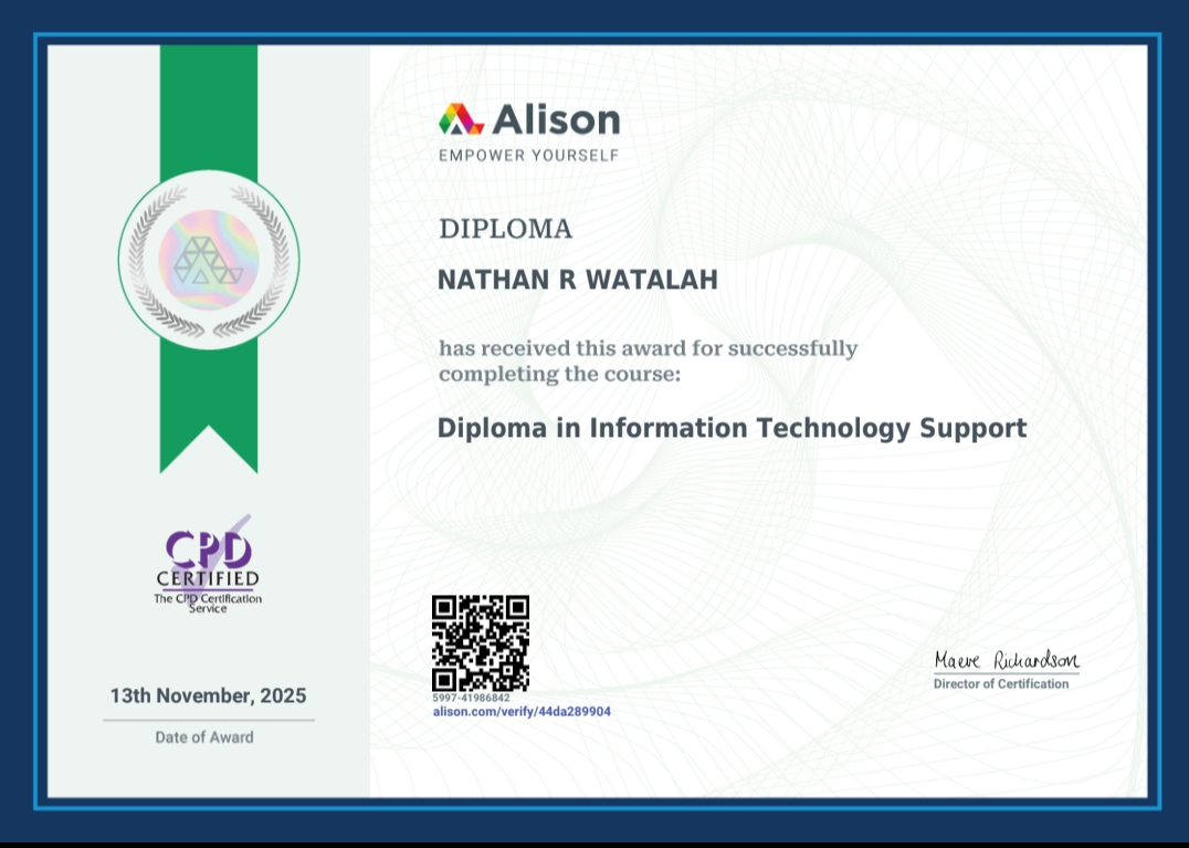 Nathan R. Watalah Diploma in Information Technology Support certificate from Alison, CPD certified, earned November 2025