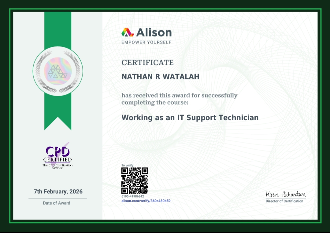 Nathan R. Watalah Working as an IT Support Technician certificate from Alison, CPD certified, earned February 2026