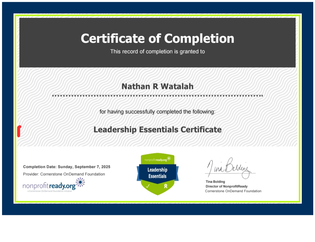 Nathan R. Watalah Leadership Essentials Certificate from NonprofitReady Cornerstone OnDemand Foundation, completed September 2025