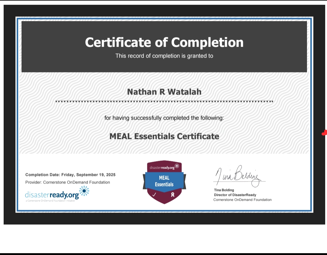 Nathan R. Watalah MEAL Essentials Certificate from DisasterReady Cornerstone OnDemand Foundation, completed September 2025